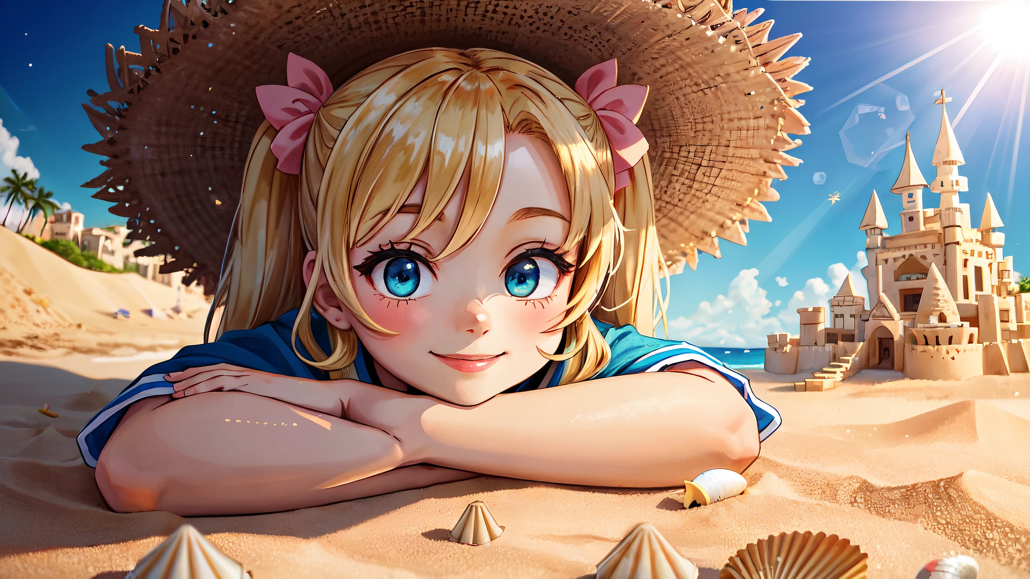 【Stable Diffution创作魔法】趴在沙滩上戴草帽的金发小女孩