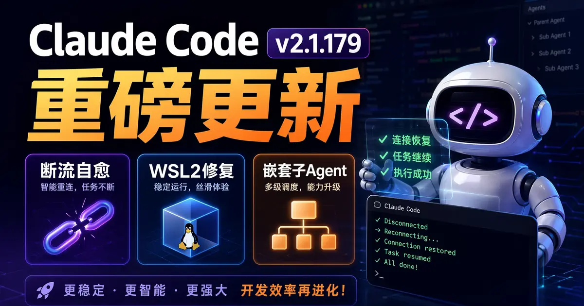 Claude Code v2.1.179 重磅更新：断流自愈、WSL2修复、嵌套子Agent，6月第二波密集迭代解读