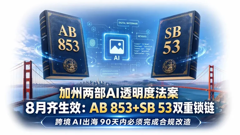 加州两部 AI 透明度法案 8 月齐生效：AB 853+SB 53 双重锁链，跨境 AI 出海 90 天内必须完成合规改造