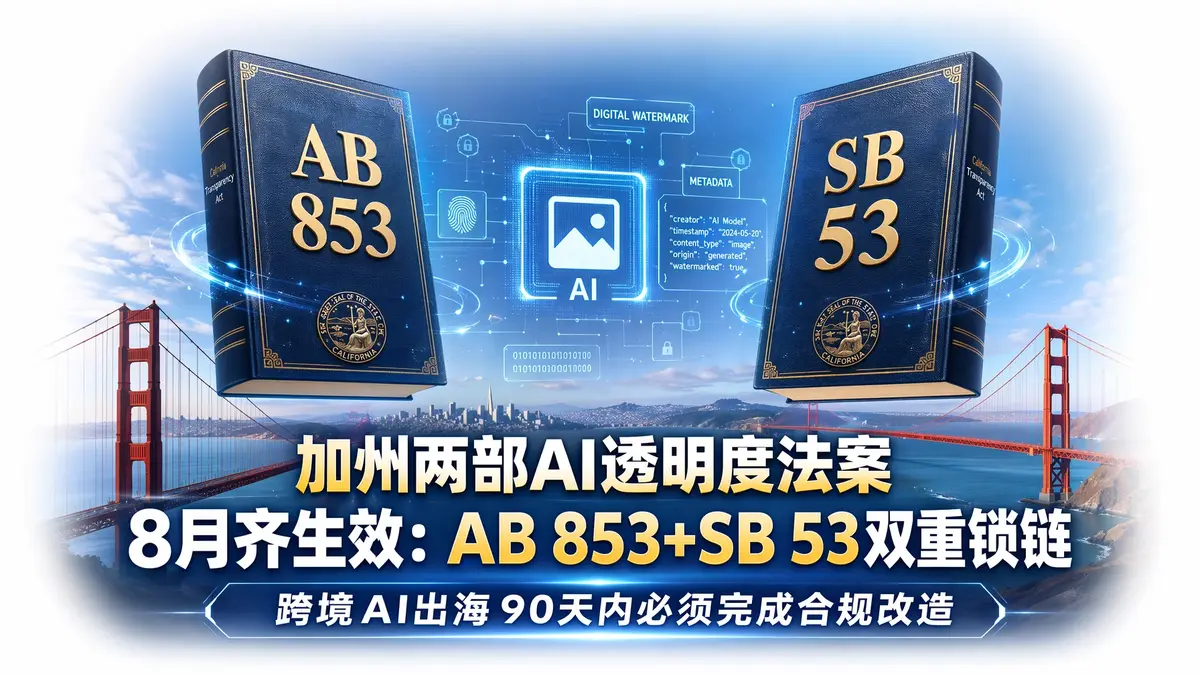 加州两部 AI 透明度法案 8 月齐生效：AB 853+SB 53 双重锁链，跨境 AI 出海 90 天内必须完成合规改造