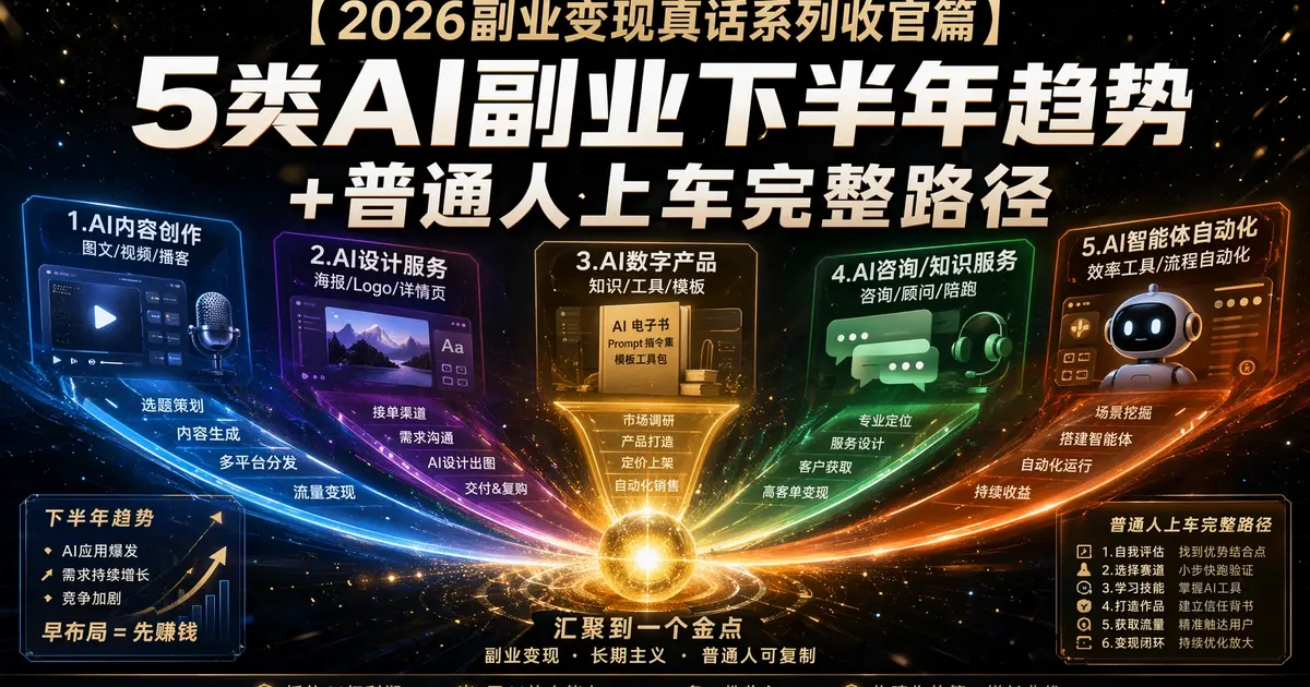 【2026副业变现真话系列·收官篇】5 类 AI 副业下半年趋势 + 普通人上车完整路径，5 篇文章 1 张图讲透