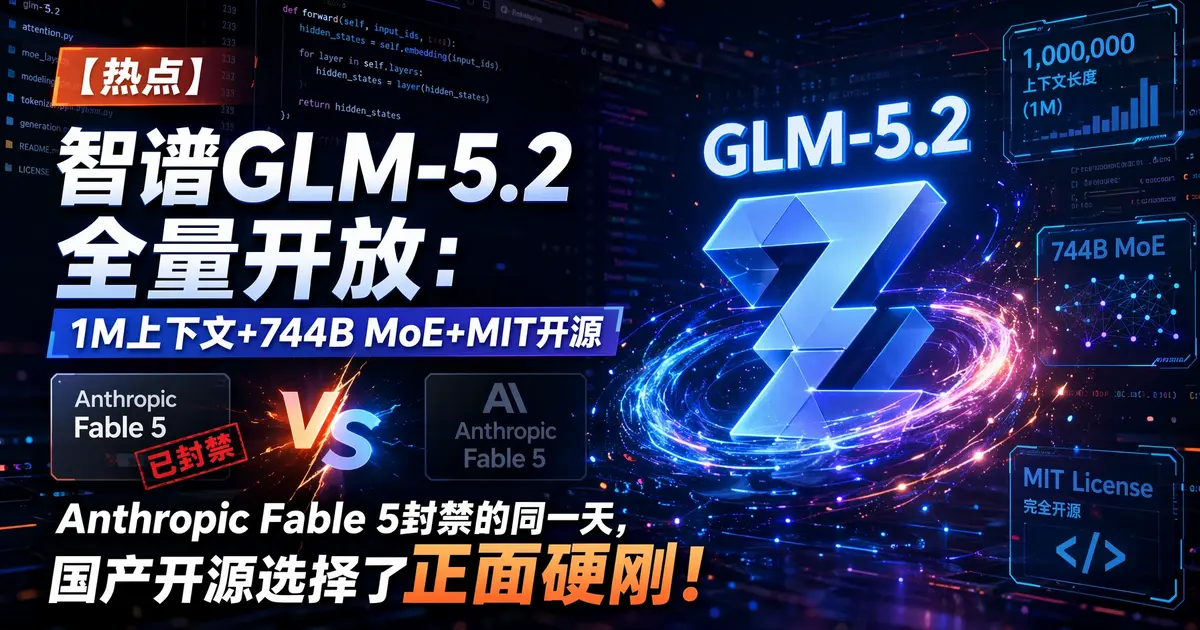 智谱 GLM-5.2 突然全量开放：1M 上下文 + 744B MoE + MIT 开源，Anthropic Fable 5 封禁的同一天，国产开源选择了正面硬刚