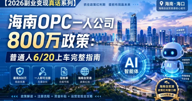 【2026副业变现真话系列】海南 OPC 一人公司 800 万政策：普通人 6/20 上车完整指南