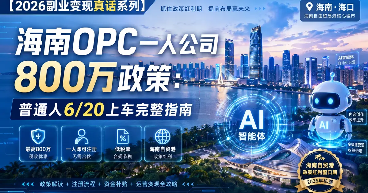 【2026副业变现真话系列】海南 OPC 一人公司 800 万政策：普通人 6/20 上车完整指南