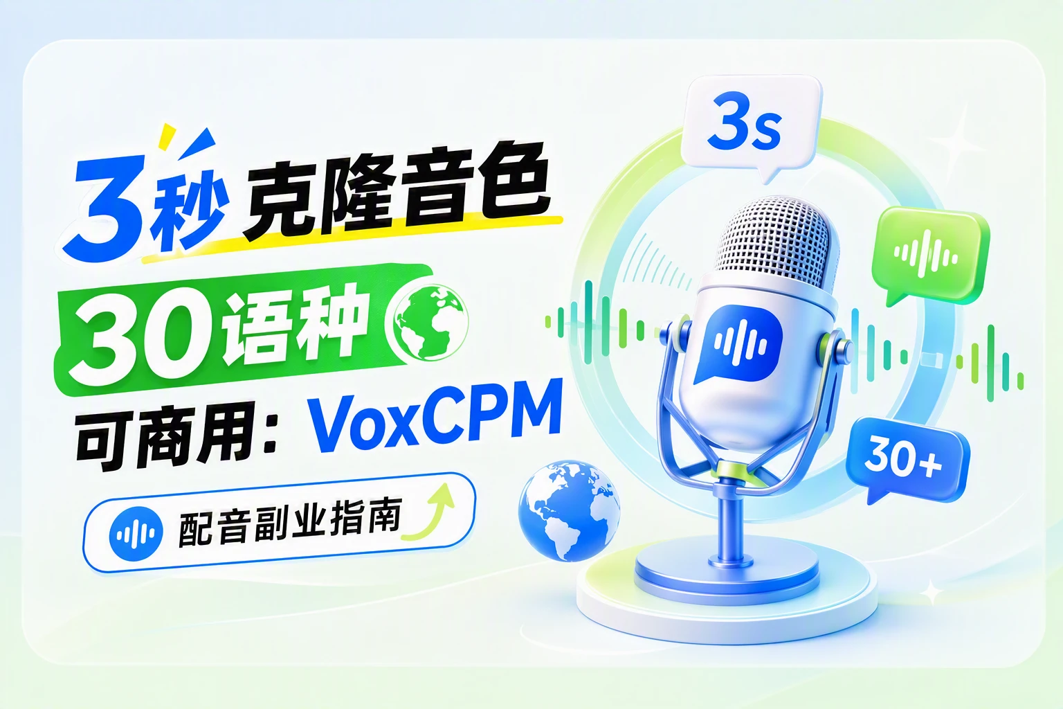 3 秒克隆音色、30 语种、可商用：VoxCPM 配音副业指南