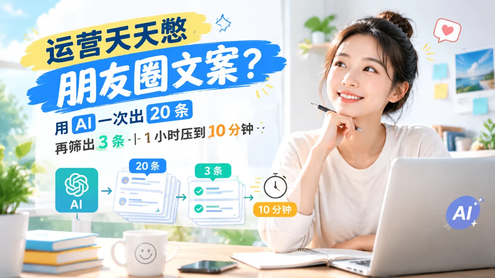 运营天天憋朋友圈文案？用 AI 一次出 20 条再筛出 3 条，1 小时压到 10 分钟
