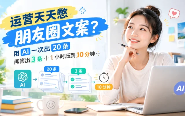 运营天天憋朋友圈文案？用 AI 一次出 20 条再筛出 3 条，1 小时压到 10 分钟