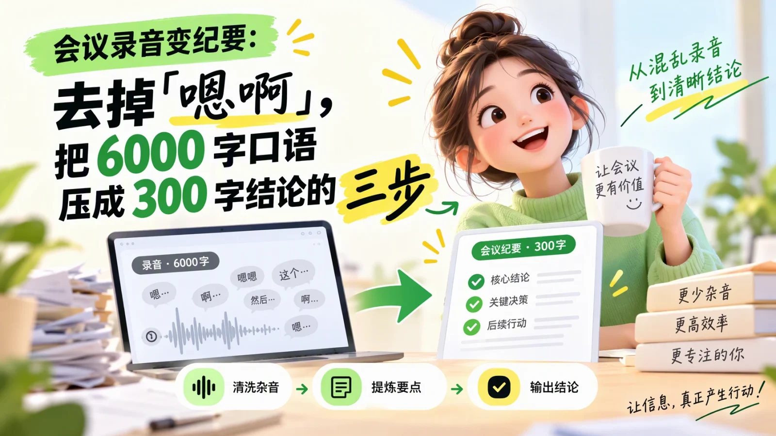 会议录音变纪要：去掉「嗯啊」，把6000 字口语压成 300 字结论的三步
