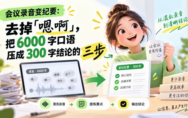 会议录音变纪要：去掉「嗯啊」，把6000 字口语压成 300 字结论的三步