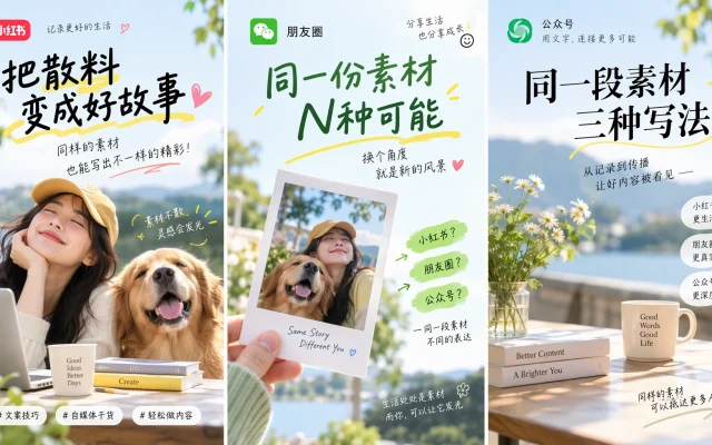 散料变营销文案：同一段素材改成小红书、朋友圈、公众号推文的三种写法